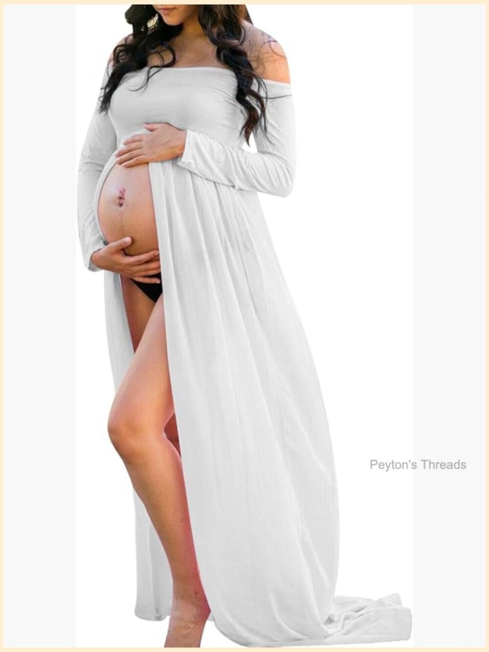 Off Shoulder Chiffon Maxi Gown Long Sleeve Front Split Maternity Dress for